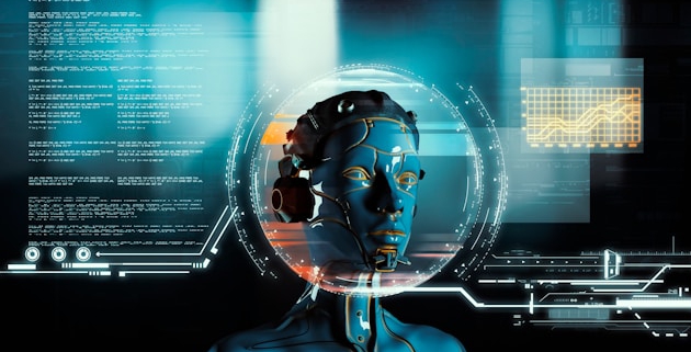 Futuristischer Roboter für künstliche Intelligenz vor Computer mit Dateiinformationen.